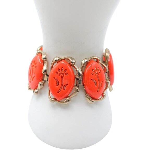 Orange Lucite Thermoset Flower Link Bangle Bracelet Gold Tone Vintage - Picture 1 of 8